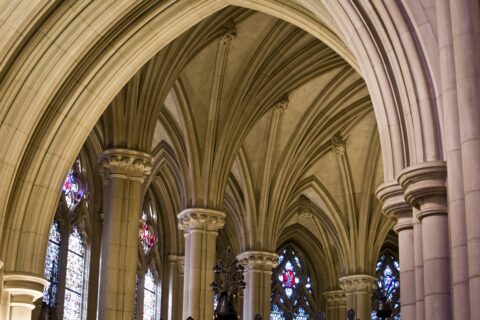 gothic columns and arches inside a chapel