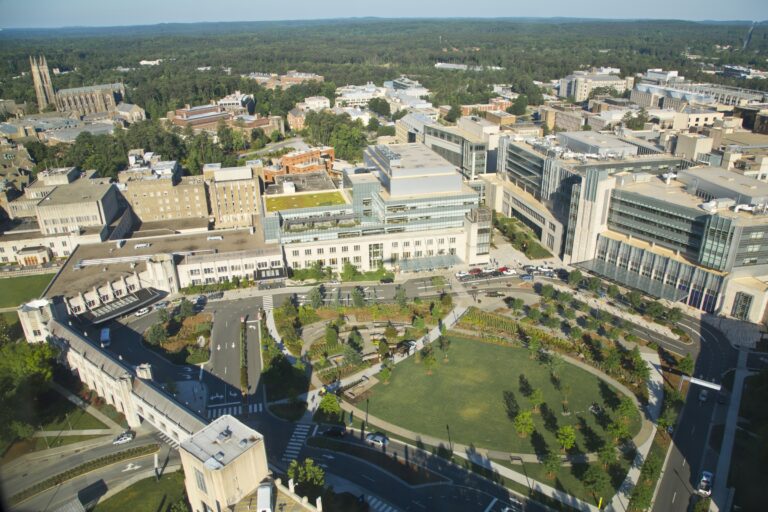 arial view showing buildings with gothic architecture around a grassy quad