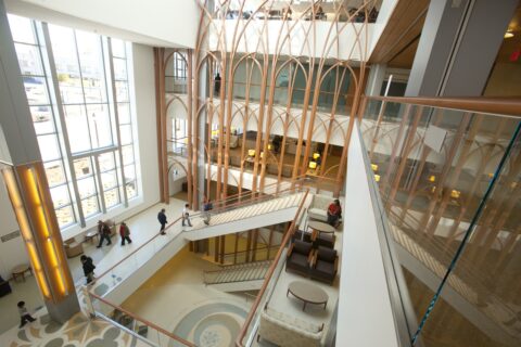 well lit,elegant interior of a medical building with multiple levels of stairs