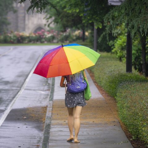 woman walking outside in the rain holding a colorful umbrella