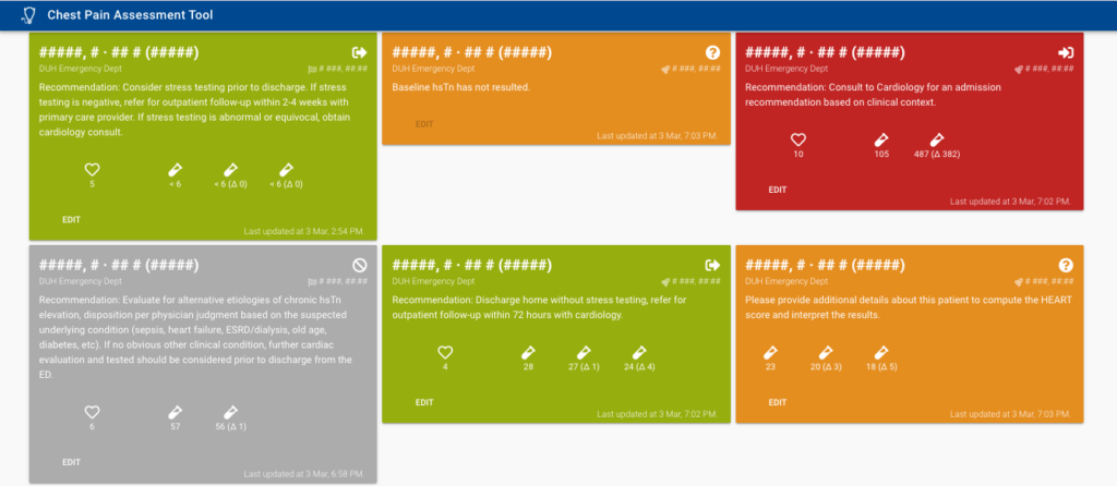 the web app showing patient information on colored cards