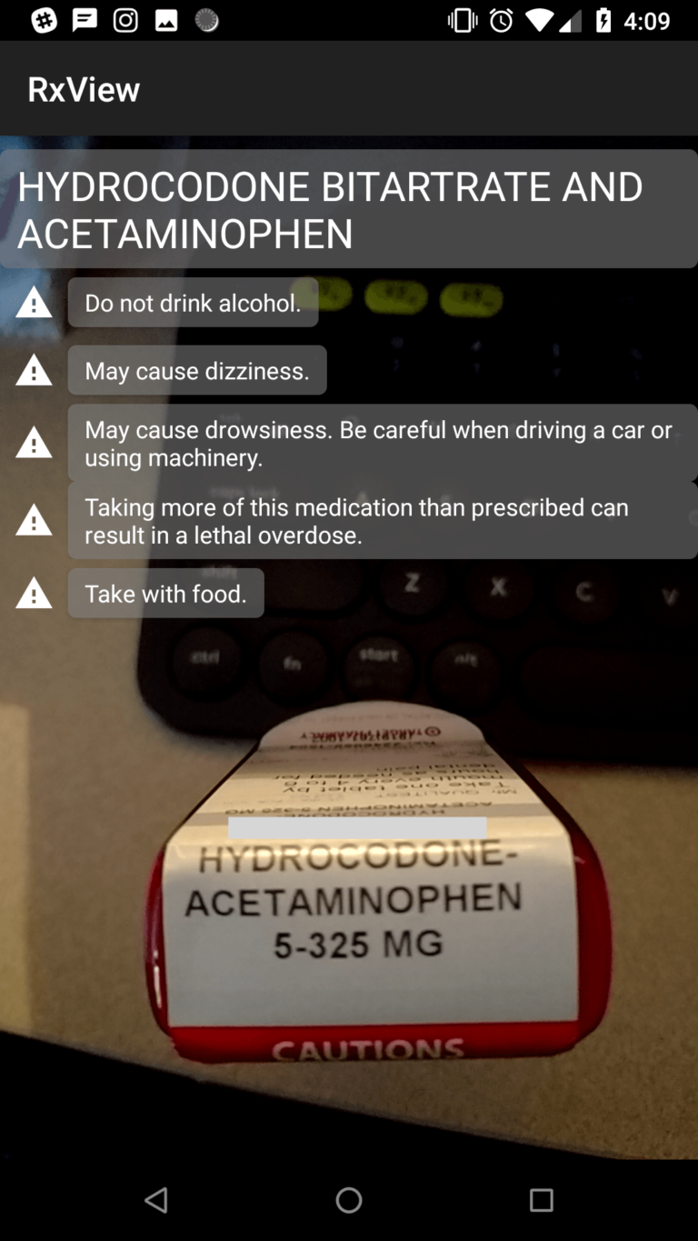 Android app displaying information about a medication overlaid on the medication bottle being seen through a camera