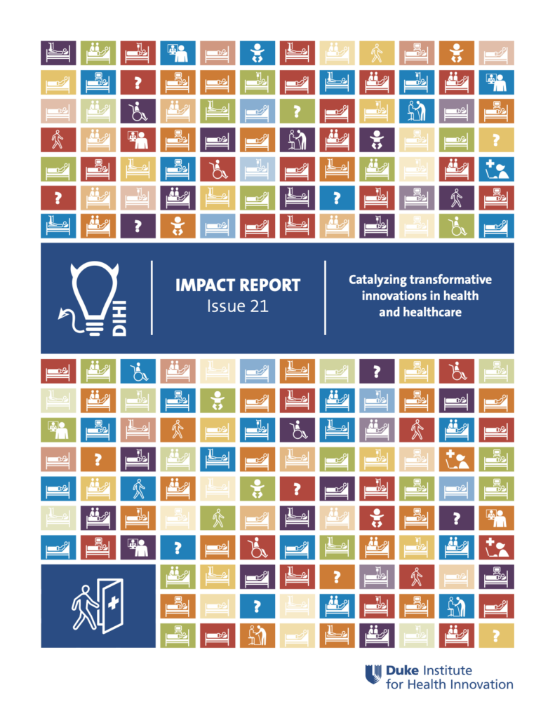 the impact report cover with multi-colored boxes representing healthcare related activities