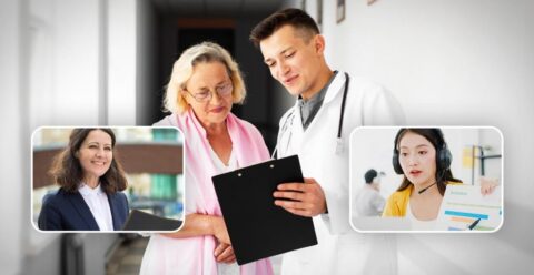 doctor talking with patient in a hallway with superimposed images of a person representing a call center and another person dressed in a business suit with a legal portfolio