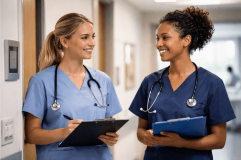 nurses chatting in hospital corridor