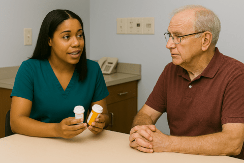 nurse talking with patient about medications